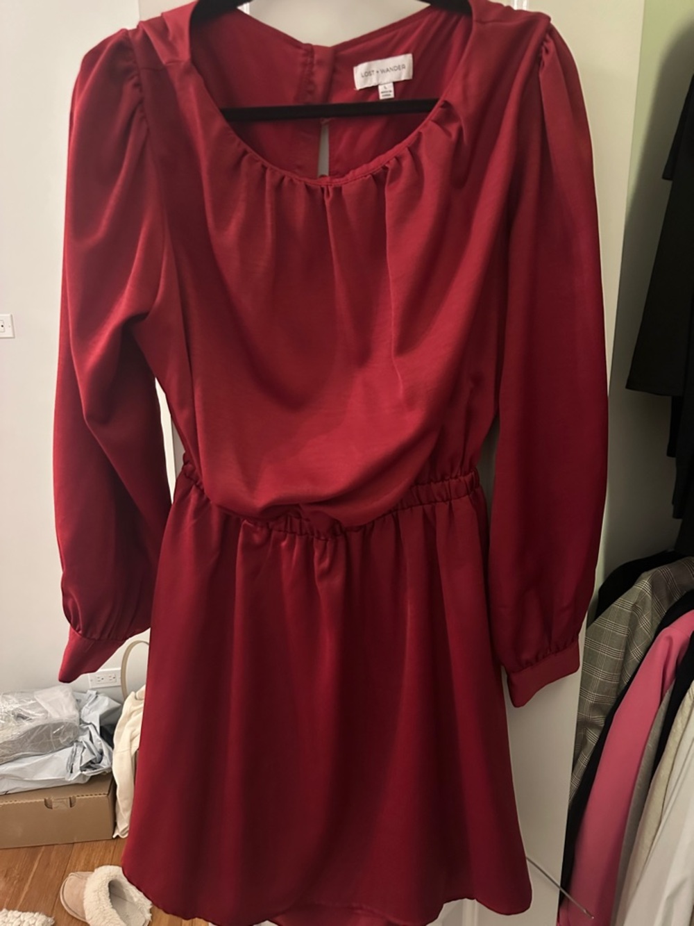 Lost + Wander Scarlet Long-Sleeve Elastic-Waist Dress